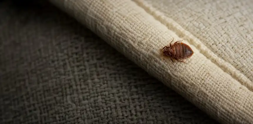 Adult bed bug at macro scale on pale woven fabric