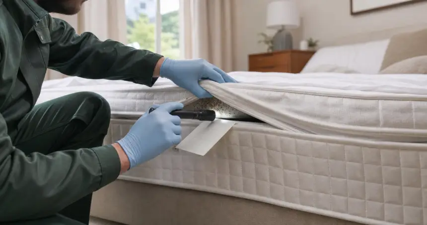 Professional checking a mattress seam with a torch